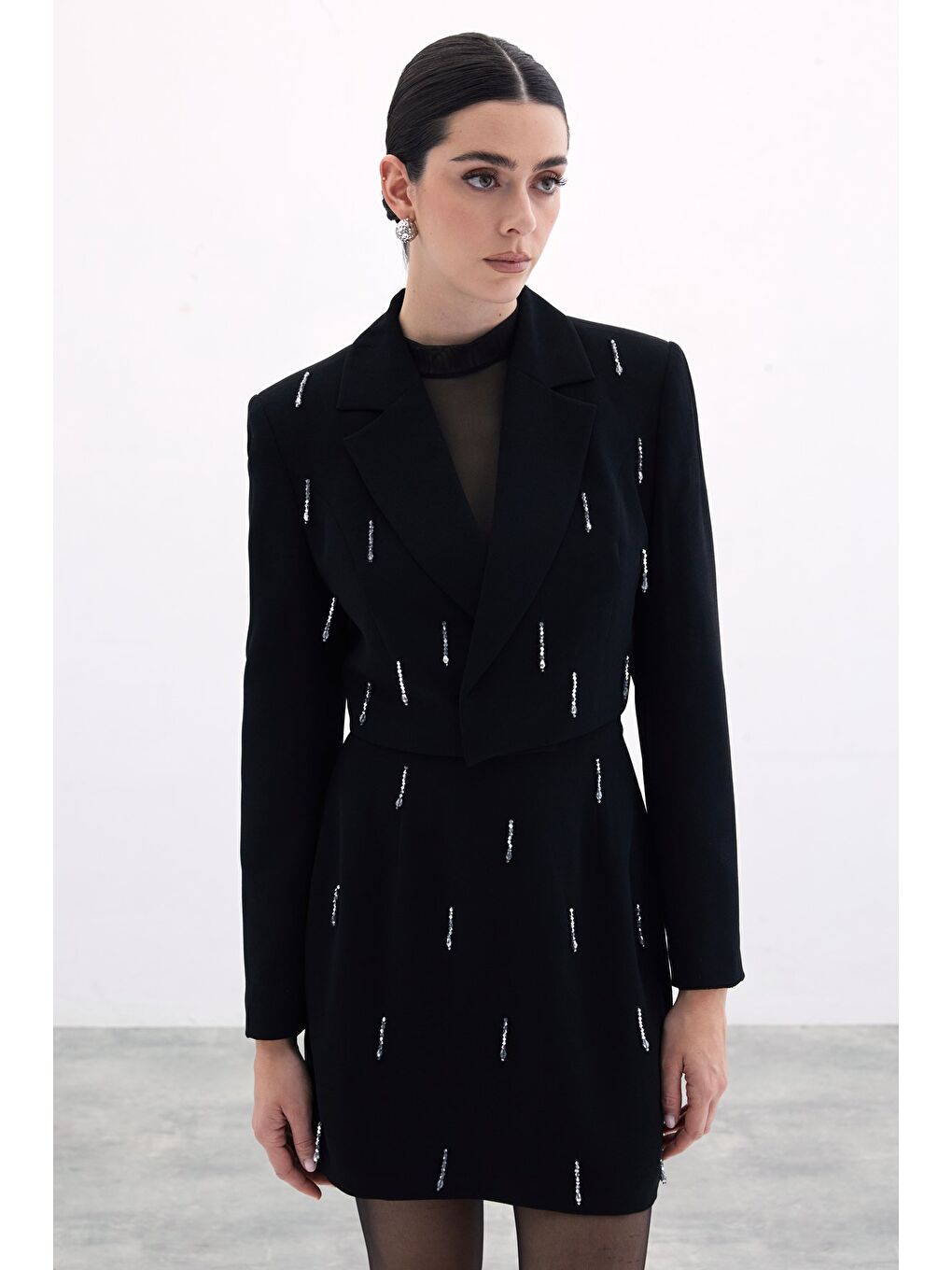 Taşlı Kısa Ceket - Siyah-2