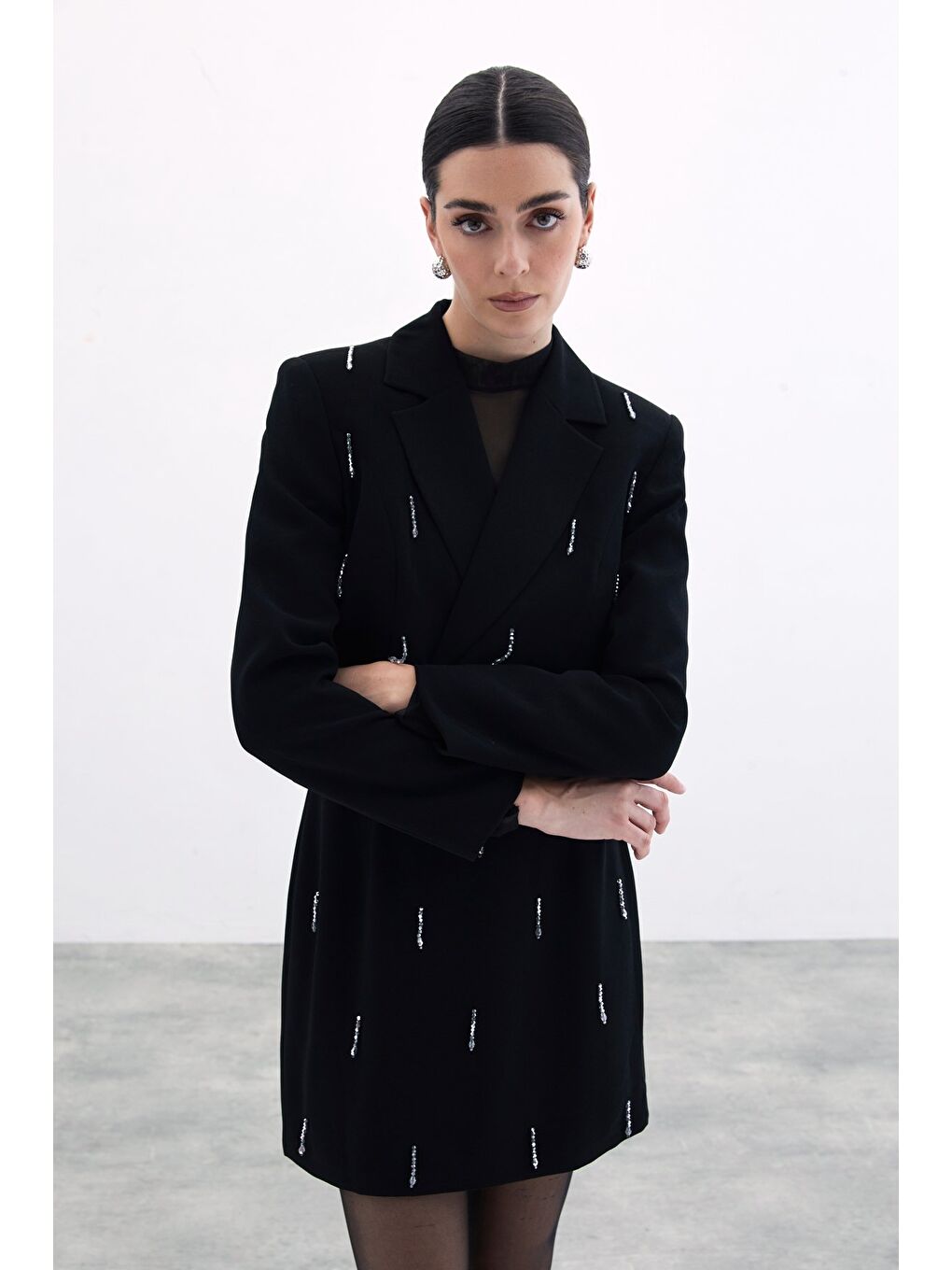 Taşlı Kısa Ceket - Siyah-3