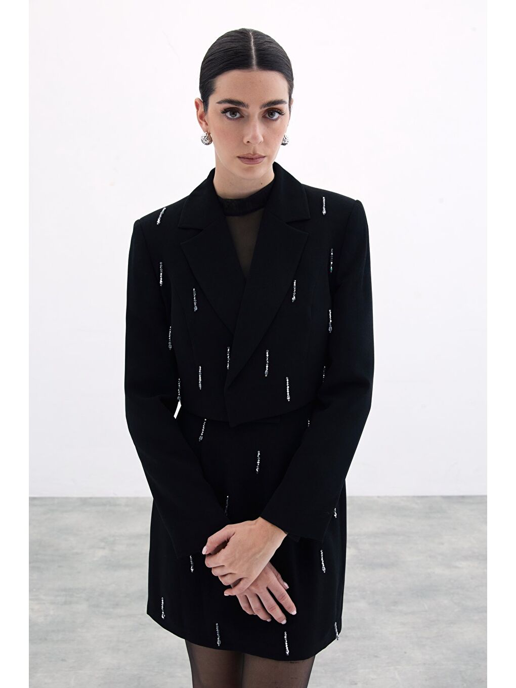 Taşlı Kısa Ceket - Siyah-4