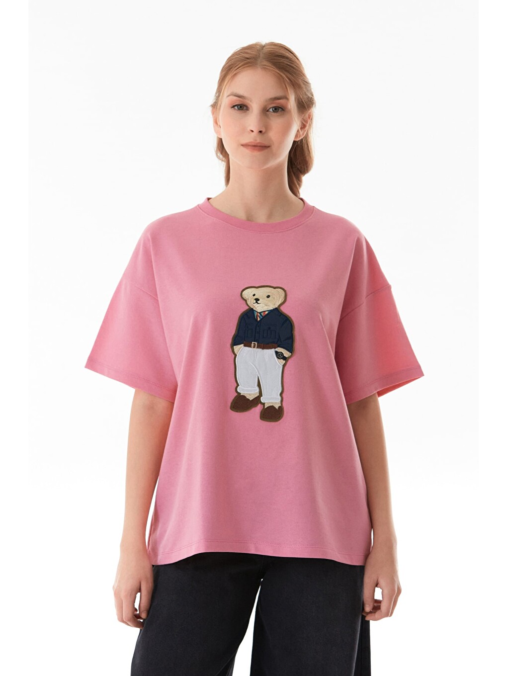 Pembe Ayıcık Nakışlı Oversize Tişört