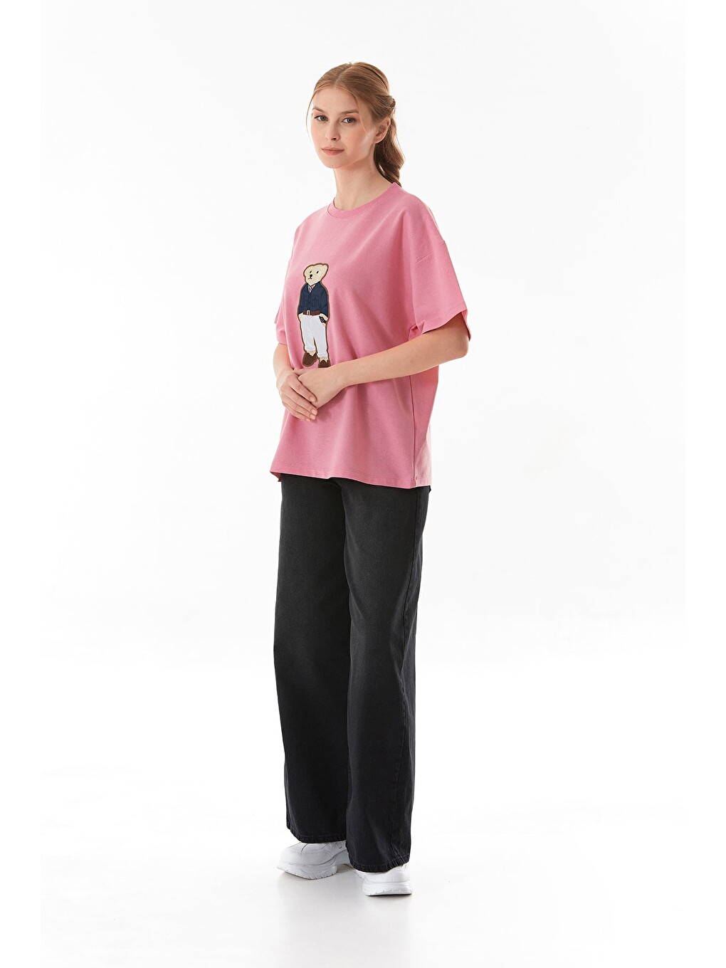 Pembe Ayıcık Nakışlı Oversize Tişört-1
