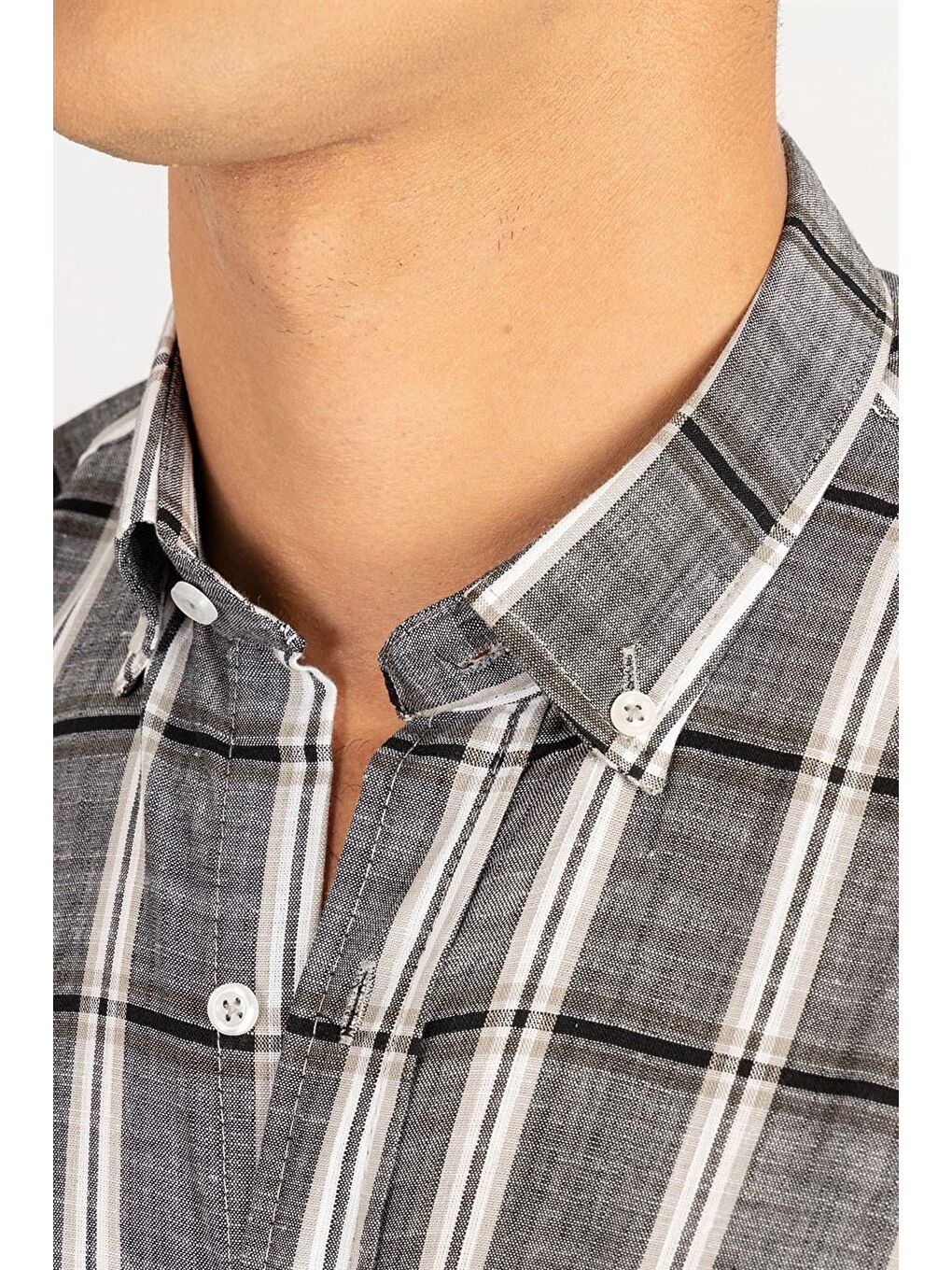 Gri Klasik Kısa Kol Ekoseli Keten Pamuk Cepli Erkek Gömlek-2