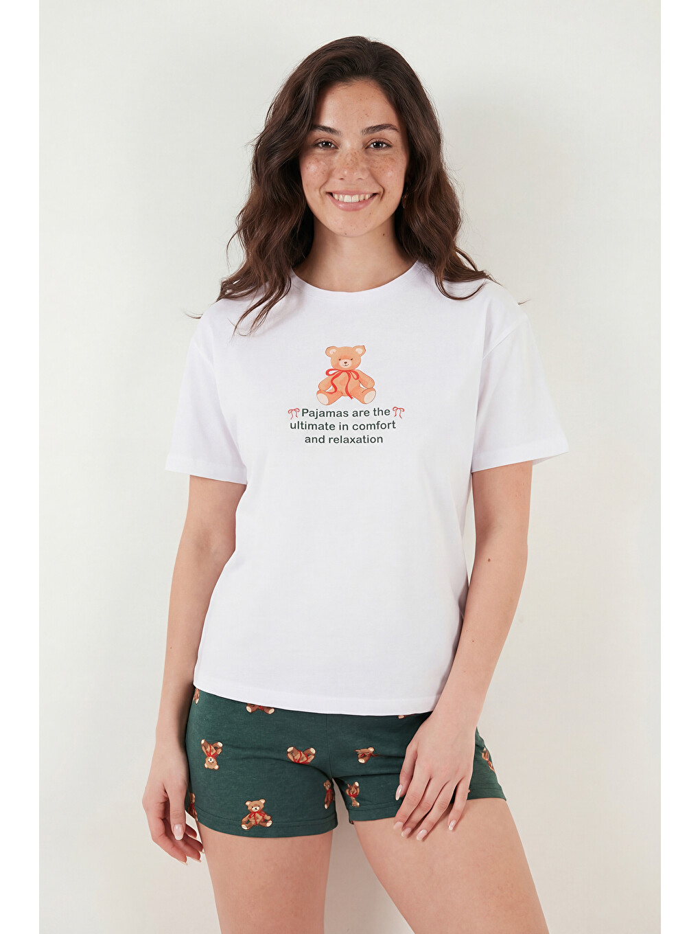 Beyaz % 100 Pamuk Regular Fit Desenli Şortlu Kadın Pijama Takımı 65790782-2