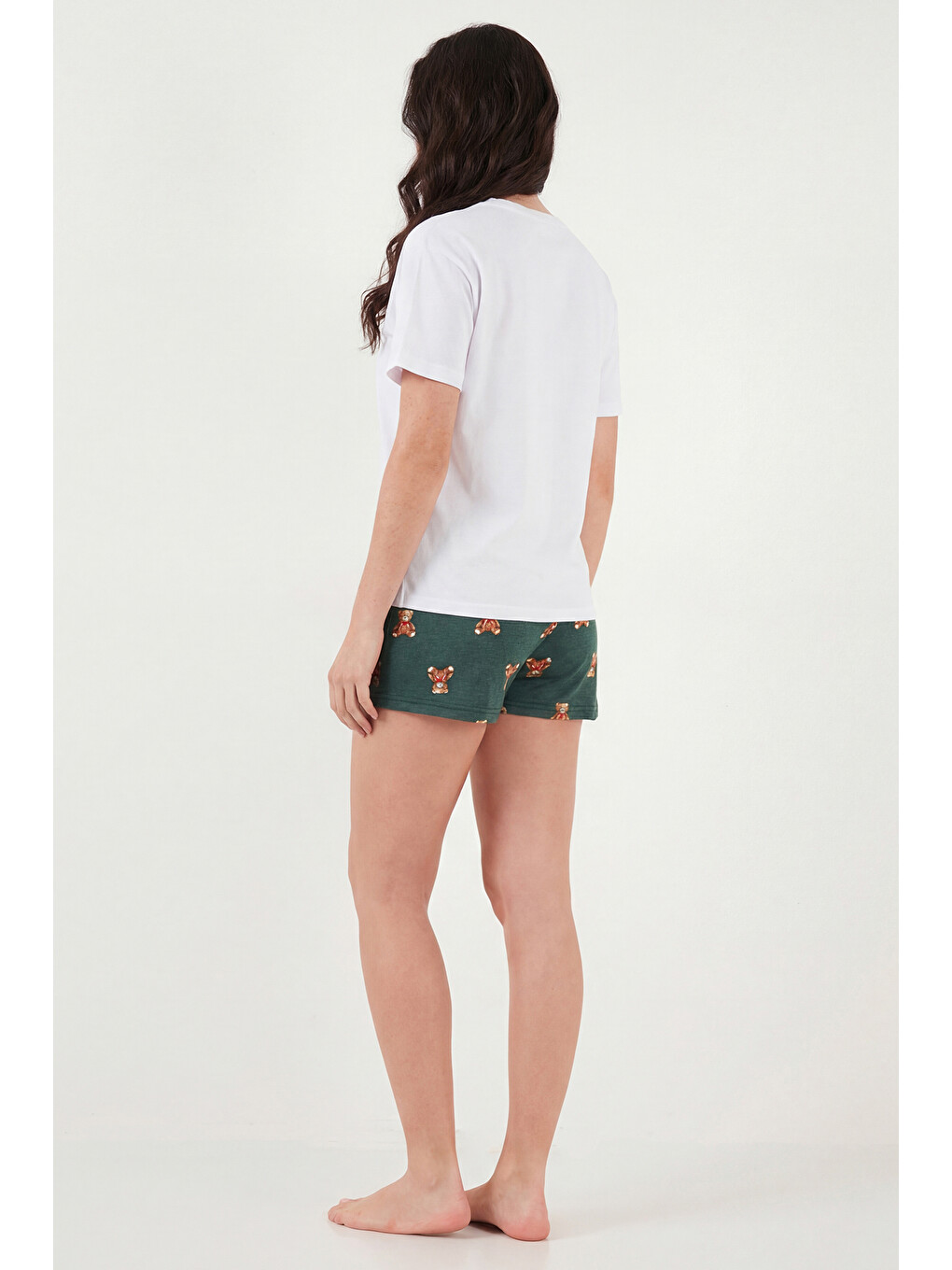 Beyaz % 100 Pamuk Regular Fit Desenli Şortlu Kadın Pijama Takımı 65790782-4