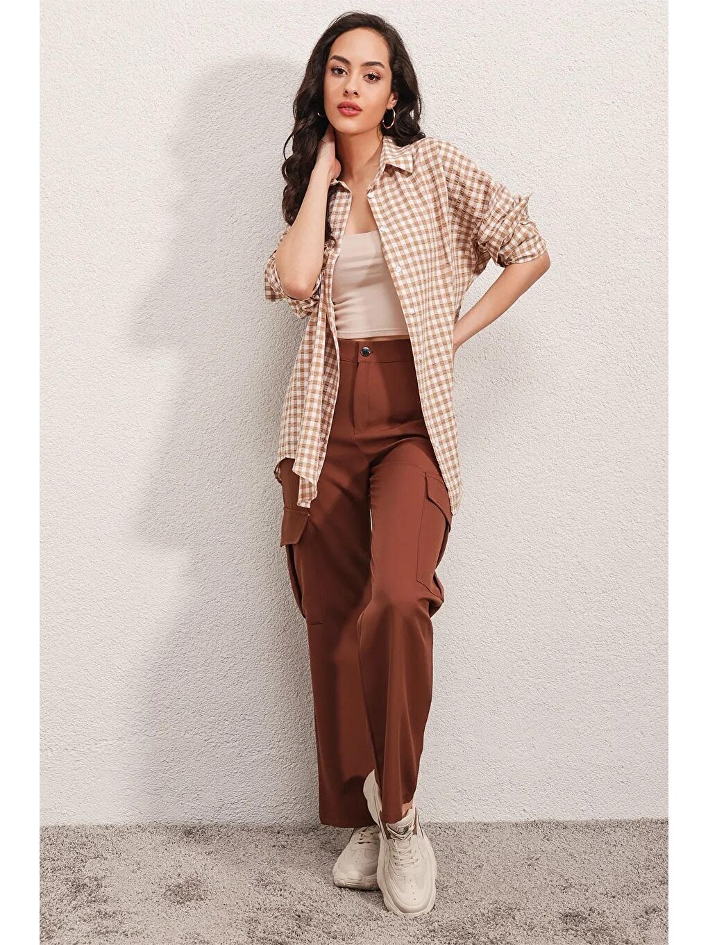 Kadın Bej Kareli Oversize Gömlek HZL22W-BD1201451-1