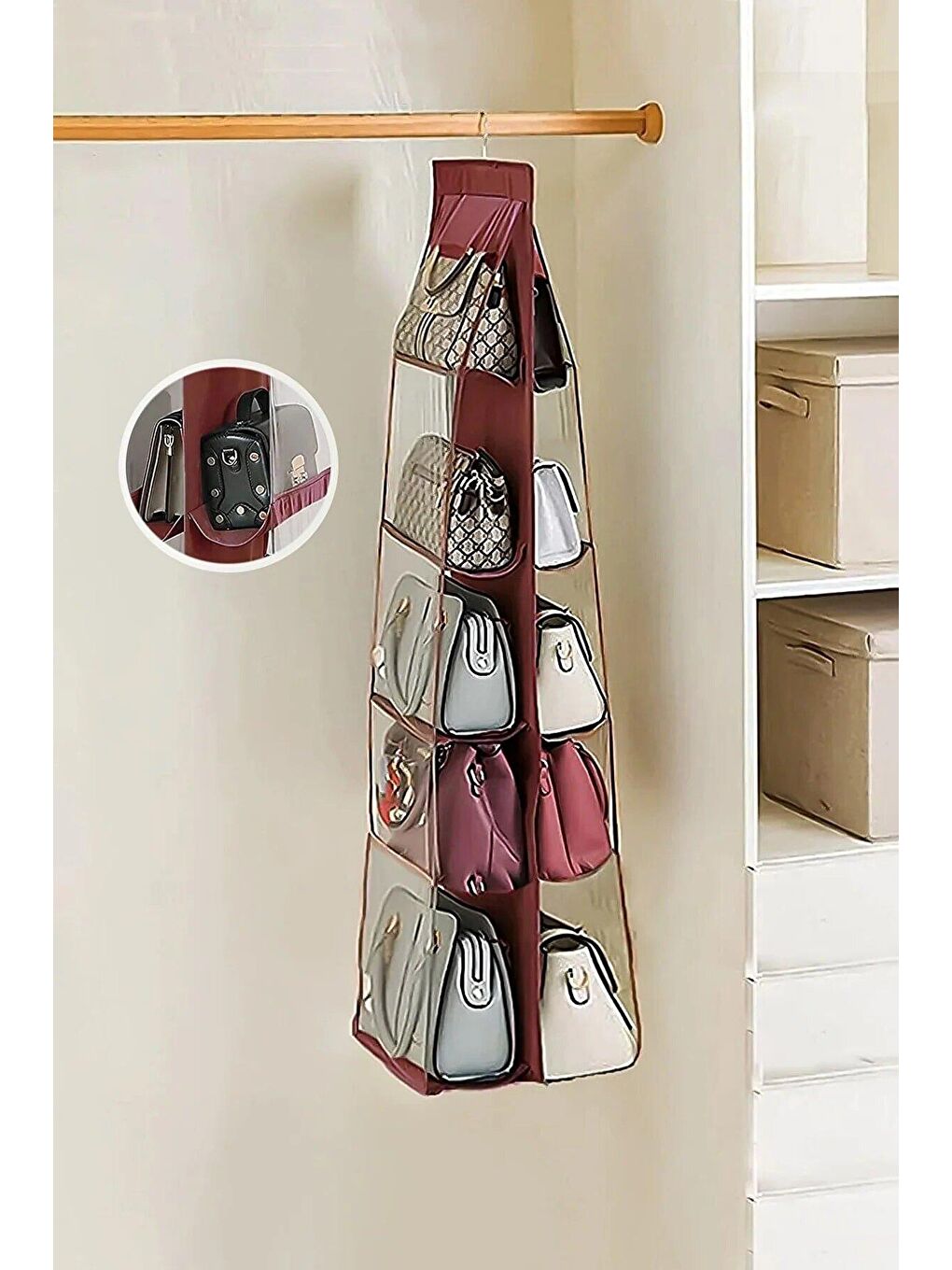 Bordo 10 Bölmeli Dolap İçi Çanta Düzenleyici - Şeffaf Bölmeli Ayakkabı Çanta Düzenleyici