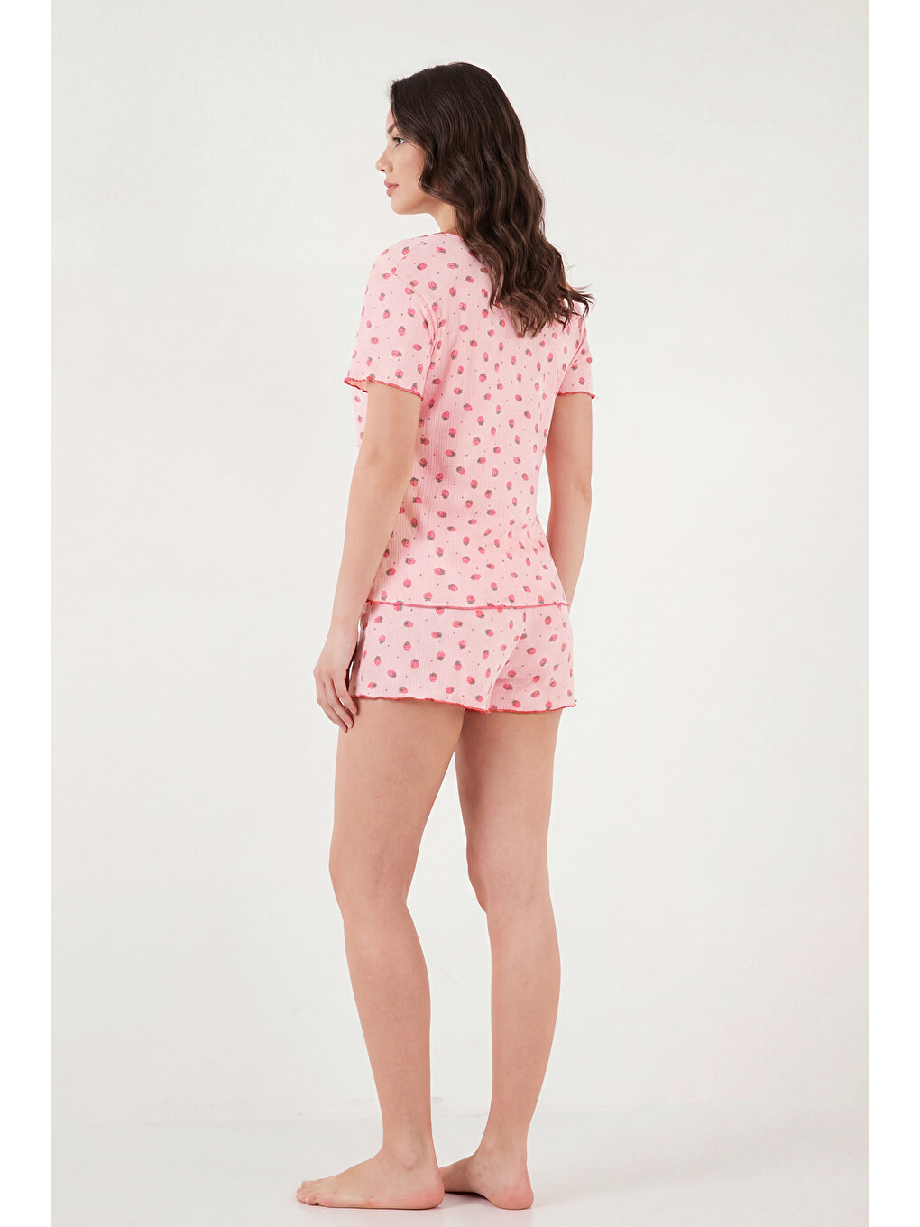 Kırmızı Regular Fit Desenli V Yaka Şortlu Pijama Takımı 65770837-5