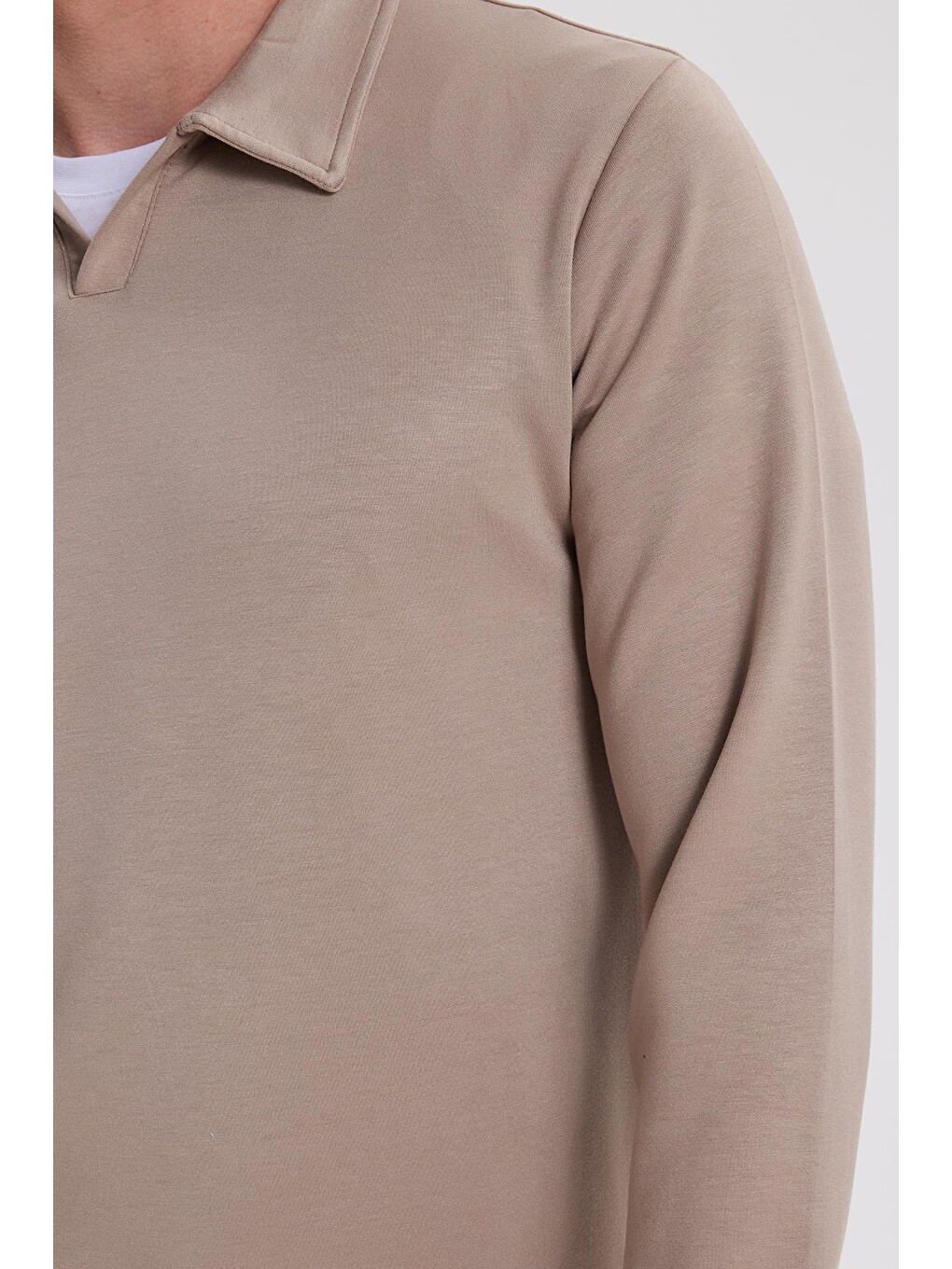 Bej Erkek Relax Fit Rahat Kesim Polo V Yaka Vizon Sweatshirt-2
