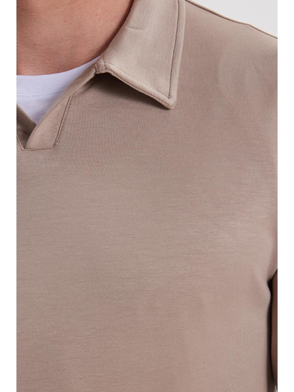 Bej Erkek Relax Fit Rahat Kesim Polo V Yaka Vizon Sweatshirt-5