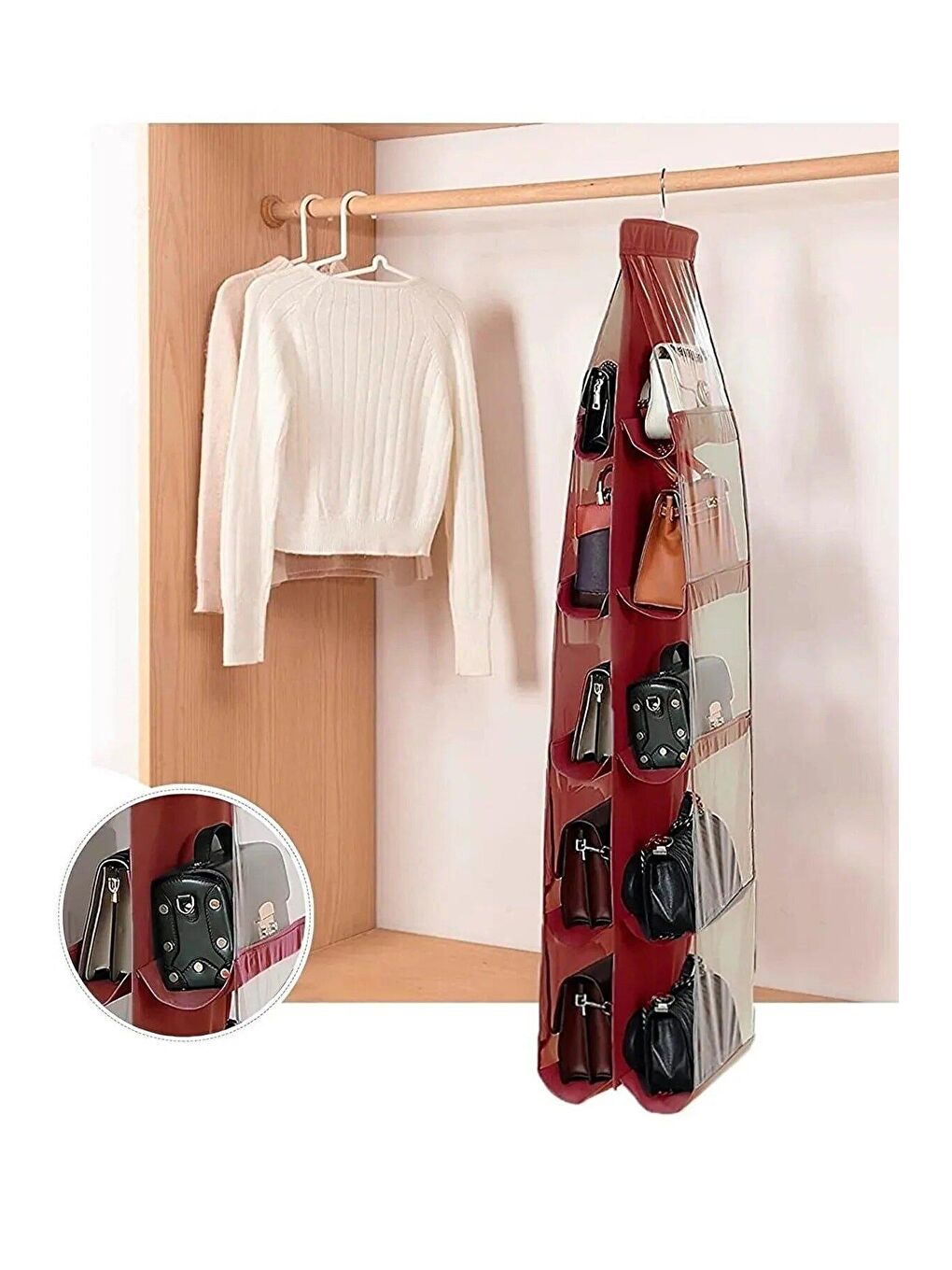 Bordo 10 Bölmeli Dolap İçi Çanta Düzenleyici - Şeffaf Bölmeli Ayakkabı Çanta Düzenleyici-1