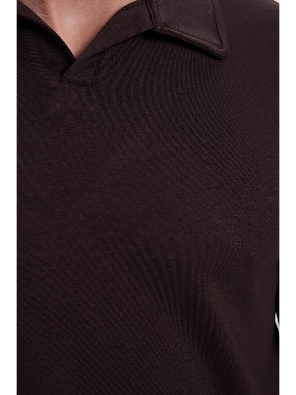 Erkek Relax Fit Rahat Kesim Polo V Yaka Kahverengi Sweatshirt-2