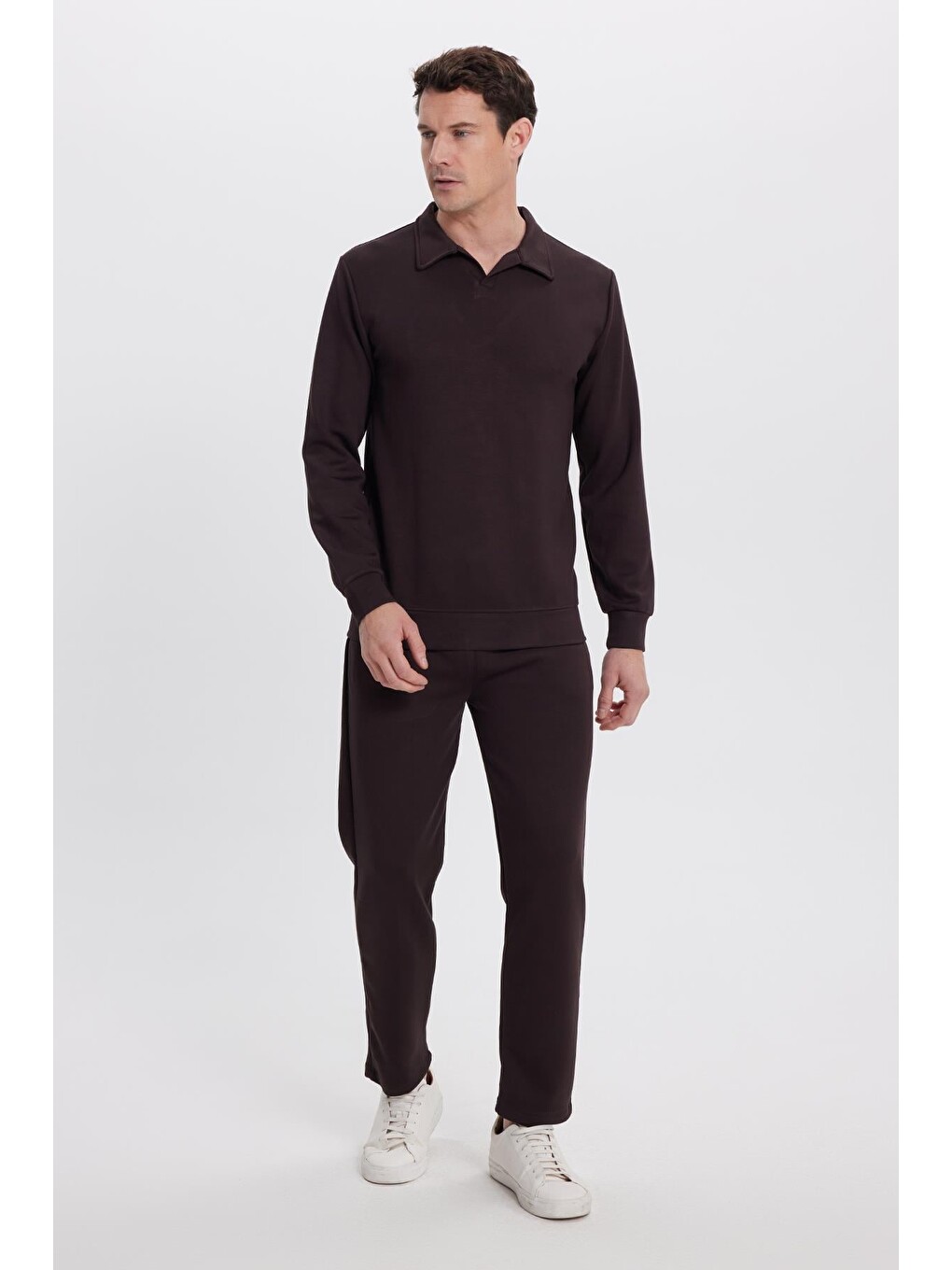 Erkek Relax Fit Rahat Kesim Polo V Yaka Kahverengi Sweatshirt-4