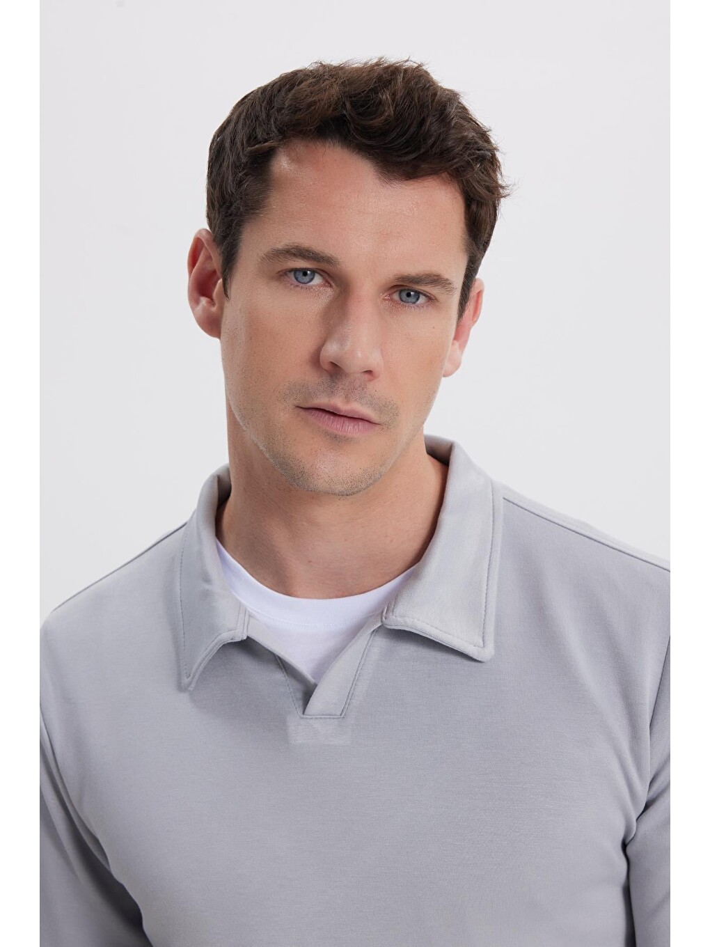Erkek Relax Fit Rahat Kesim Polo V Yaka Gri Sweatshirt-1