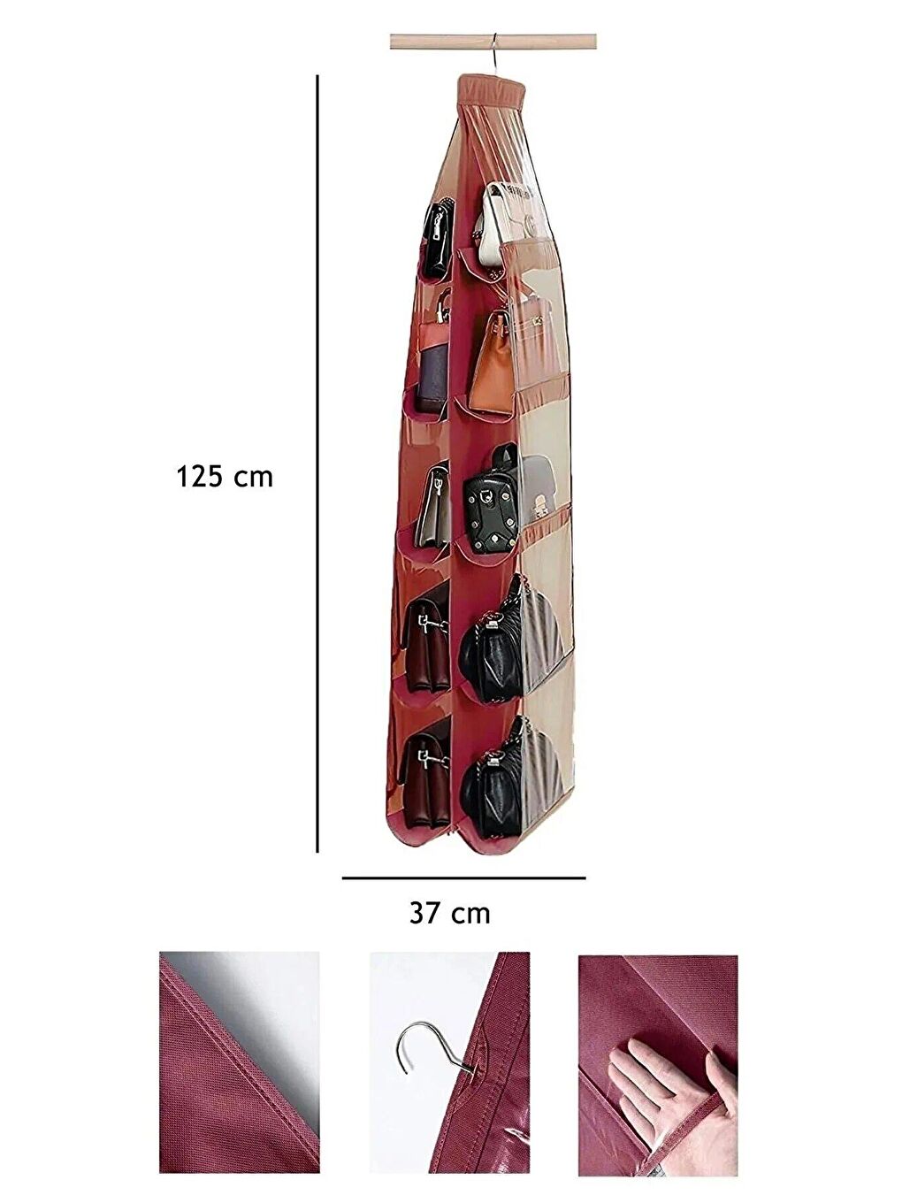 Bordo 10 Bölmeli Dolap İçi Çanta Düzenleyici - Şeffaf Bölmeli Ayakkabı Çanta Düzenleyici-2
