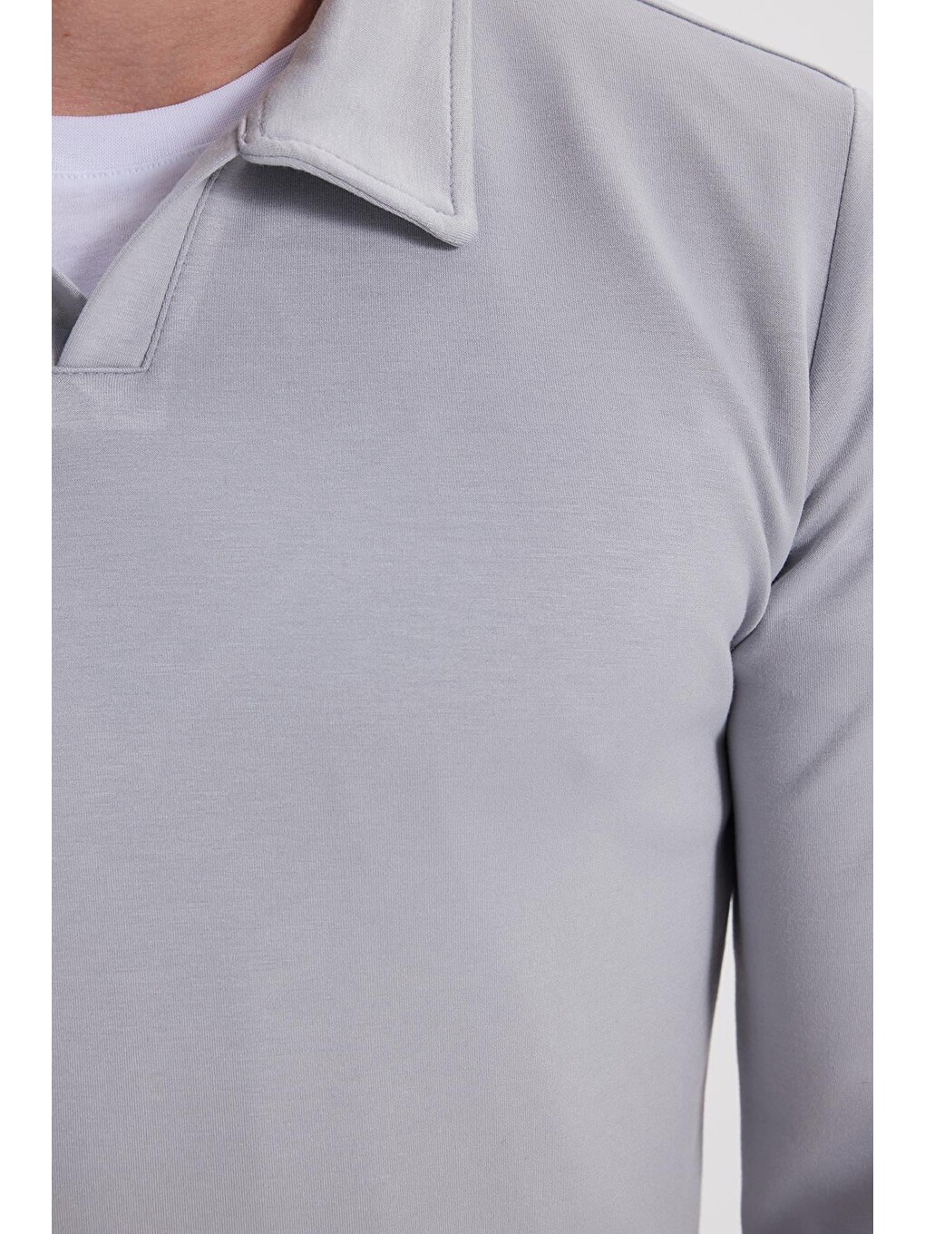 Erkek Relax Fit Rahat Kesim Polo V Yaka Gri Sweatshirt-5