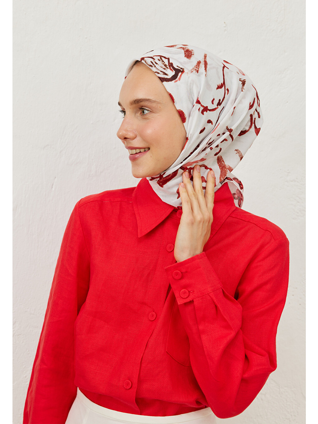 Kahverengi Amore Desen Pamuk Vual Eşarp Kızıl-1