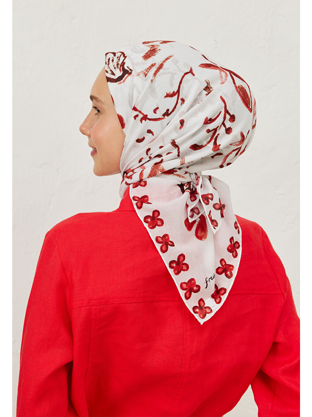 Kahverengi Amore Desen Pamuk Vual Eşarp Kızıl-3