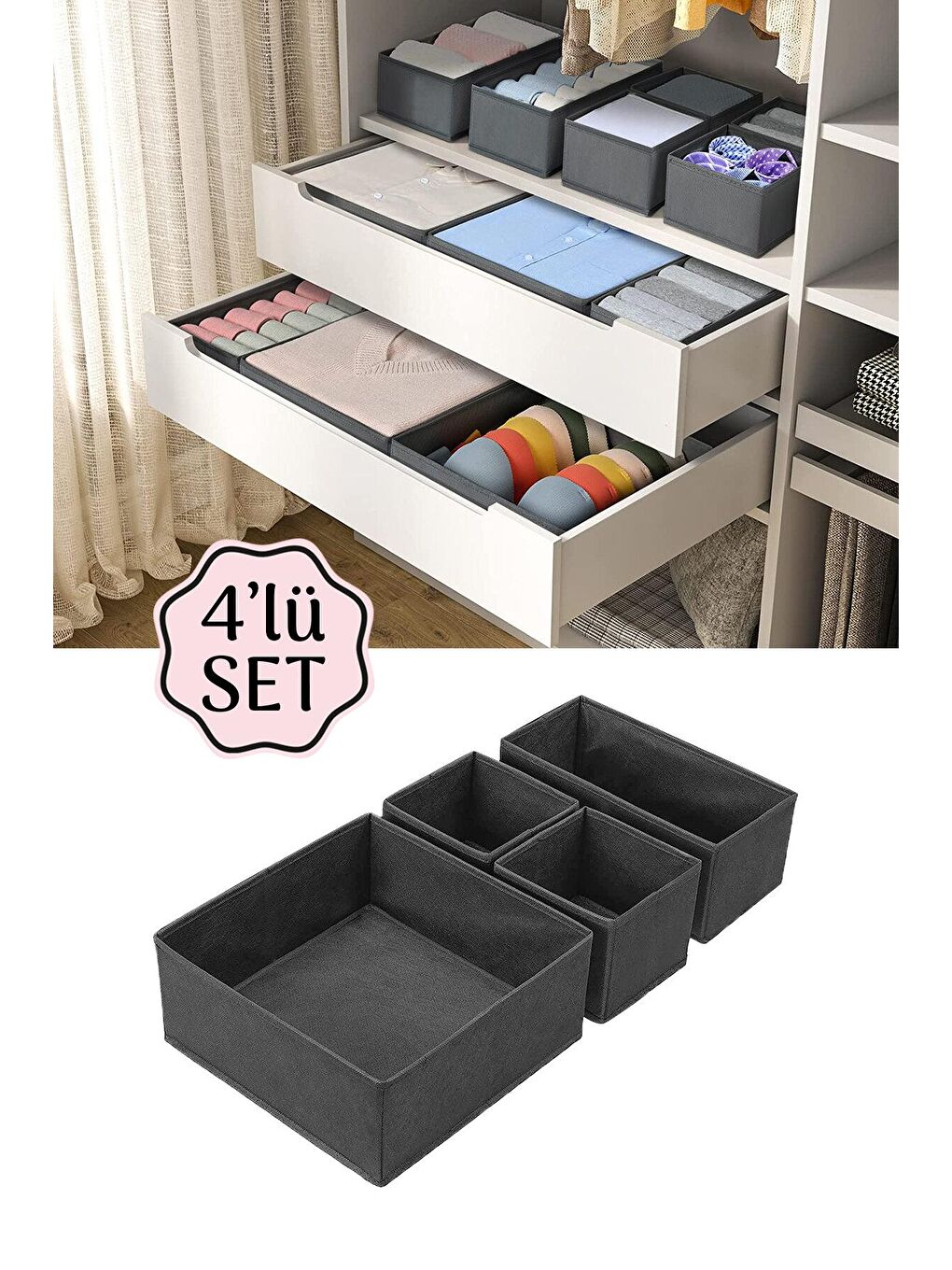 Renksiz 4'lü Çekmece İçi Düzenleyici Kutu Seti - Antrasit Dolap İçi Organizer Saklama Kutusu