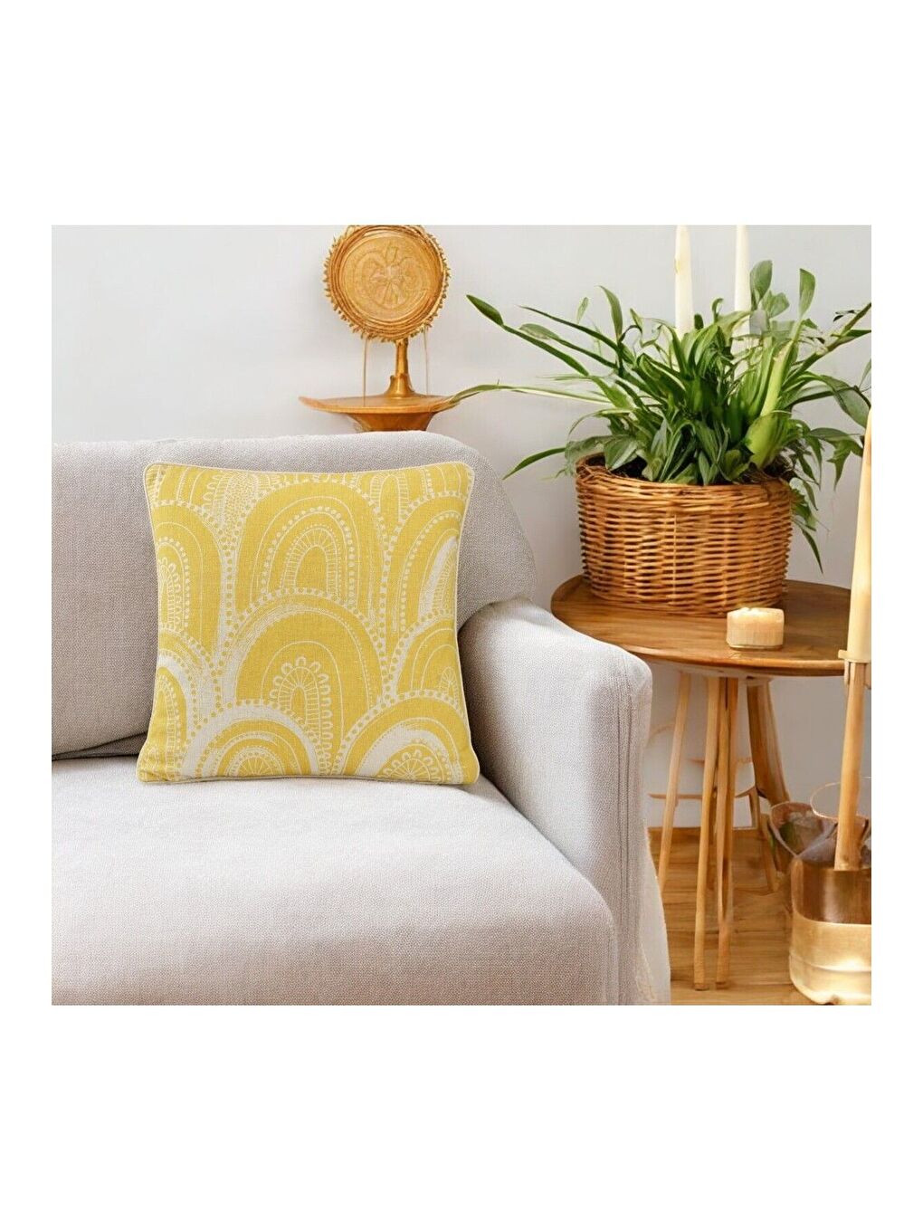 Sarı Bohem Tarzı Keten Pamuklu Dijital Baskı Desenli Biyeli 45x45 Kırlent Kılıfı-2