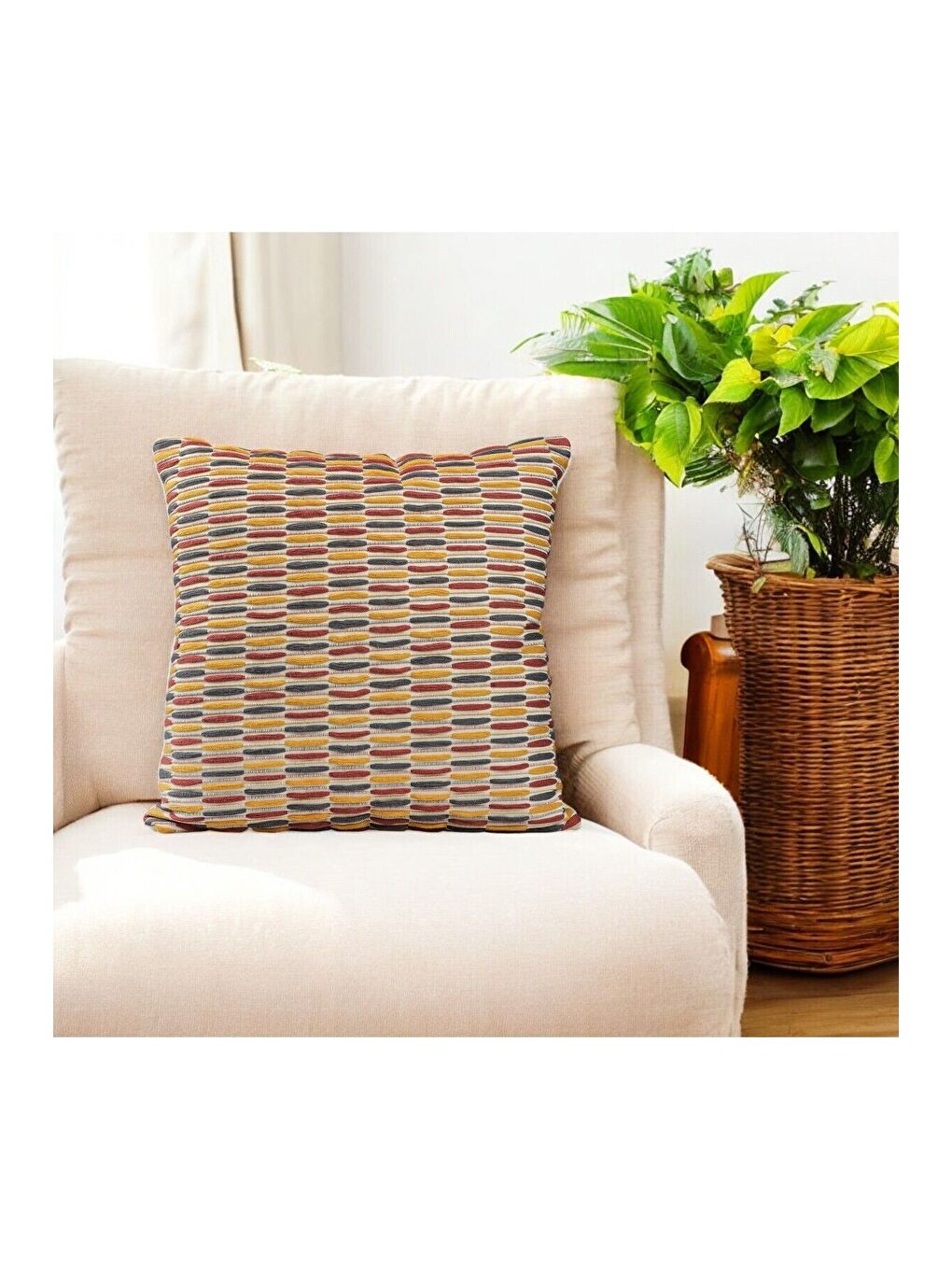 Ekru Bohem Tarzı Pamuklu Kendinden Dokulu Renkli 45x45 Kırlent Kılıfı-1