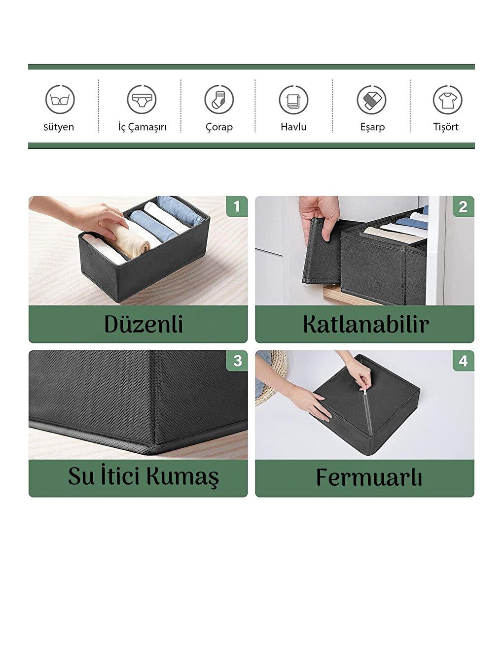 Renksiz 4'lü Çekmece İçi Düzenleyici Kutu Seti - Antrasit Dolap İçi Organizer Saklama Kutusu-1