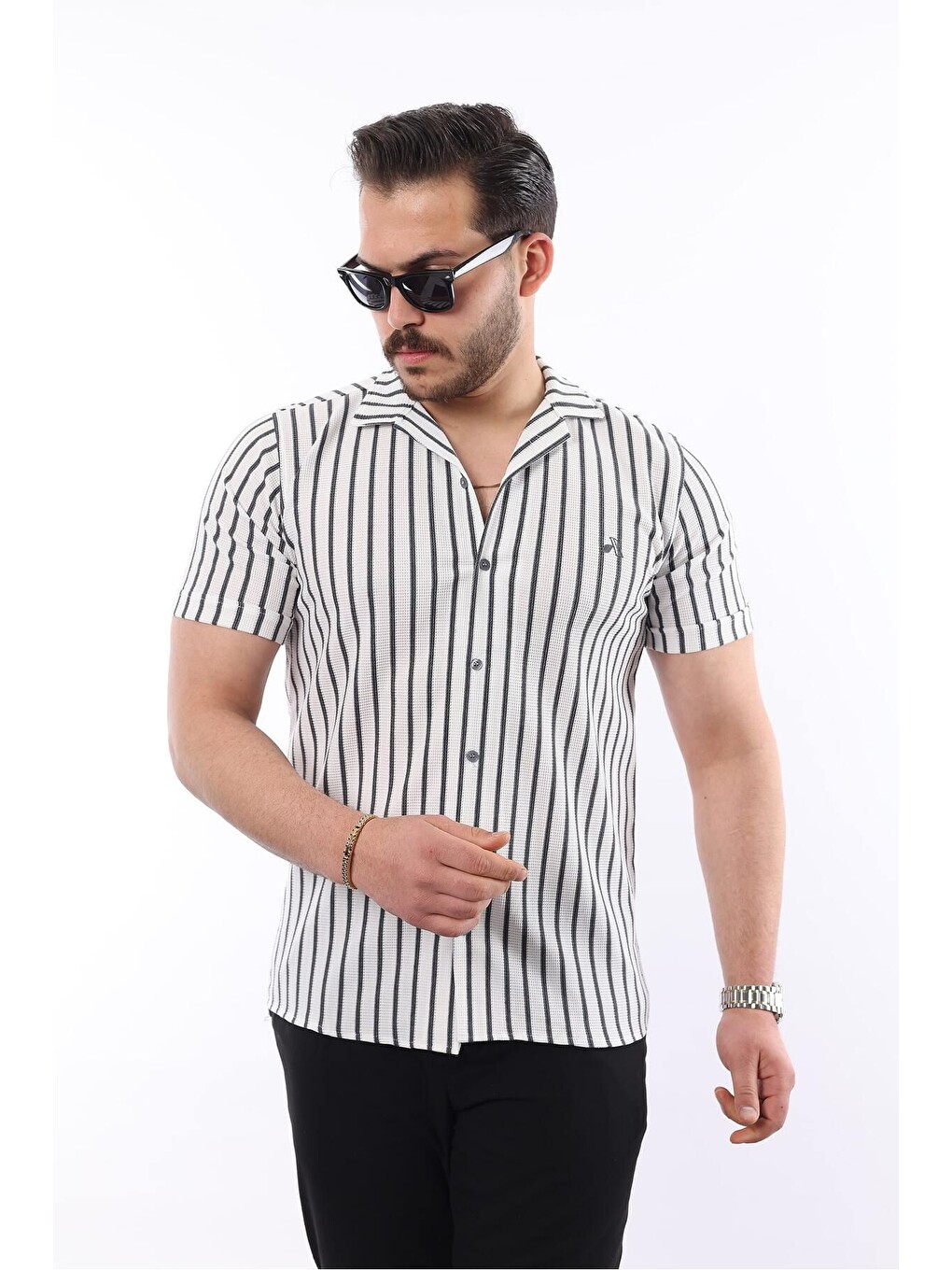 Gri Erkek Kısa Kollu Slim Fit Yazlık Çizgili Gömlek