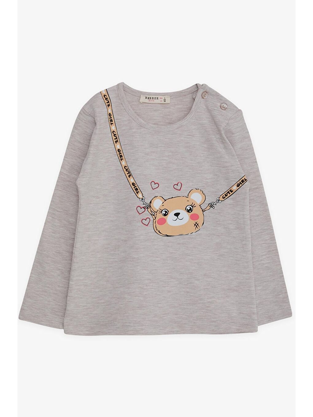 Kız Çocuk Uzun Kollu Tişört Sevimli Aycık Baskılı Bej Melanj (2-6 Yaş)-1