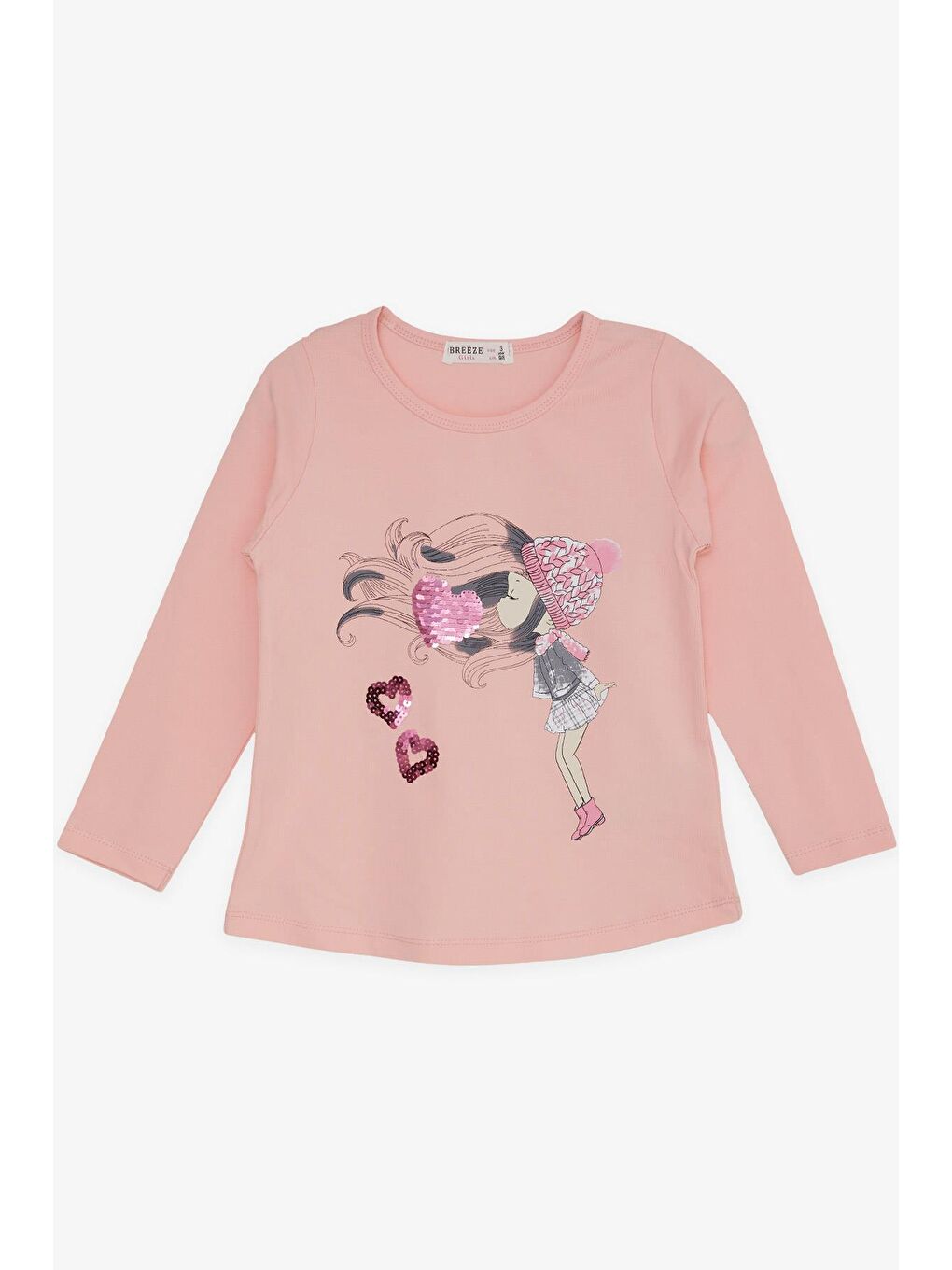 Pembe Kız Çocuk Uzun Kollu Tişört Pullu Kalp Baskılı Somon (2-5 Yaş)-2