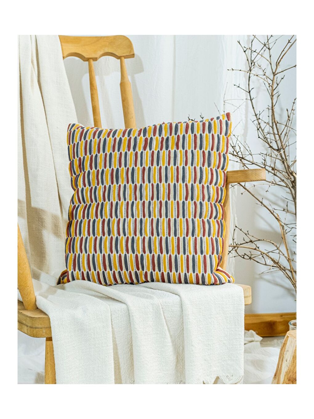 Ekru Bohem Tarzı Pamuklu Kendinden Dokulu Renkli 45x45 Kırlent Kılıfı-2