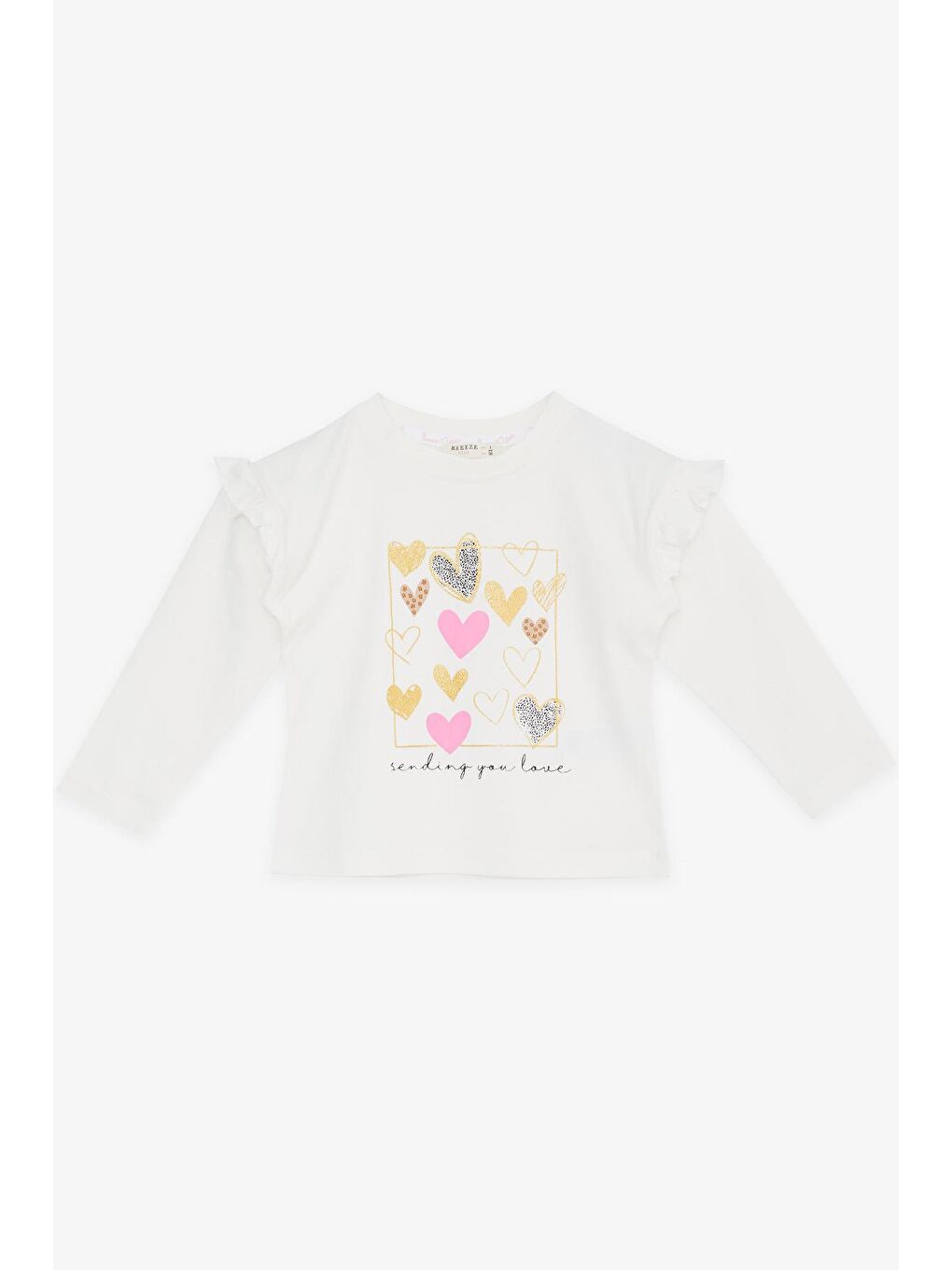 Kız Çocuk Uzun Kollu Tişört Simli Kalp Baskılı Fırfırlı Ekru (1-3 Yaş)-3