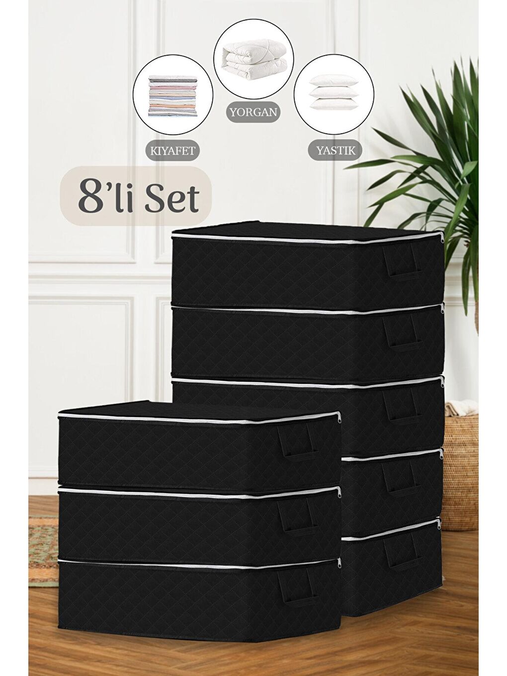 8'li Çekyat Baza Tipi Hurç - Baza Altı Büyük Boy Saklama Hurcu 64 x 45 x 22 cm Siyah
