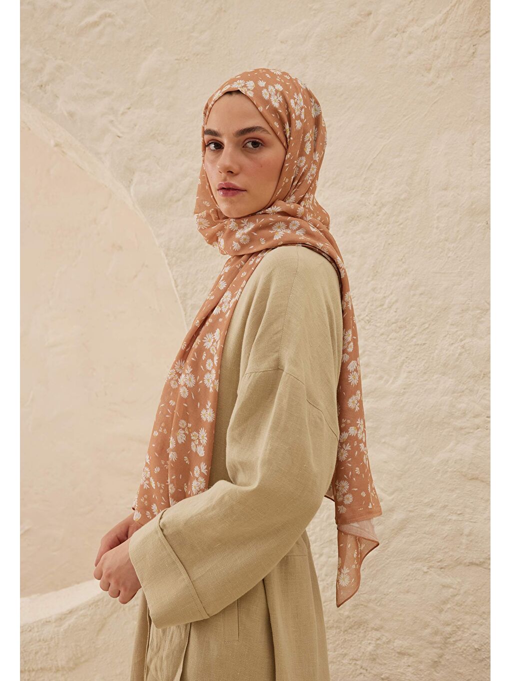 Pembe Papatya Desen Rami Şal Şeftalı-1