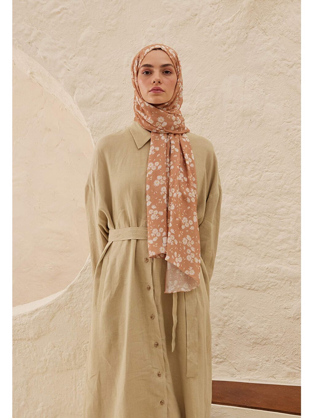 Pembe Papatya Desen Rami Şal Şeftalı-2