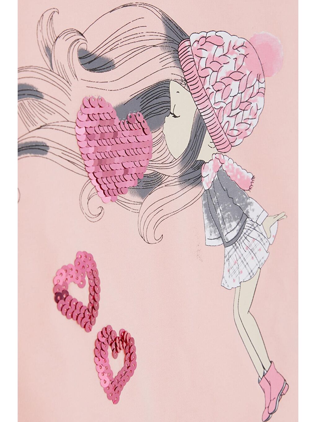 Pembe Kız Çocuk Uzun Kollu Tişört Pullu Kalp Baskılı Somon (2-5 Yaş)-1