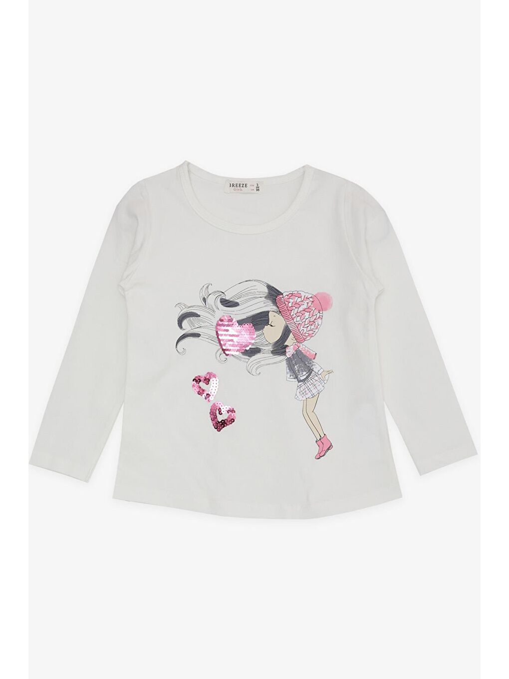 Kız Çocuk Uzun Kollu Tişört Pullu Kalp Baskılı Ekru (2-6 Yaş)