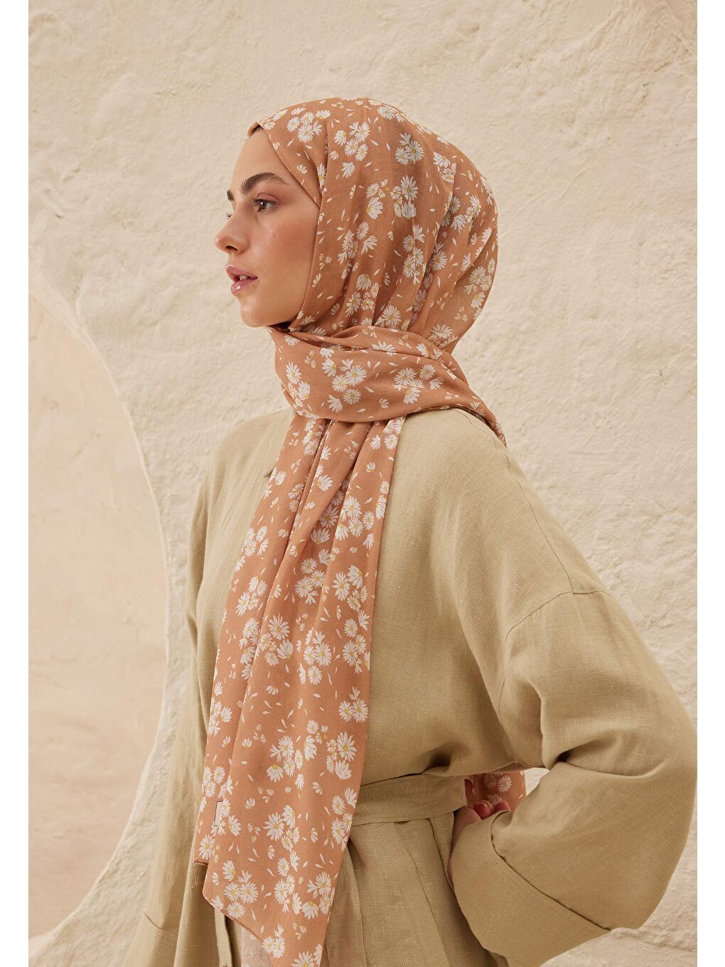 Pembe Papatya Desen Rami Şal Şeftalı-3