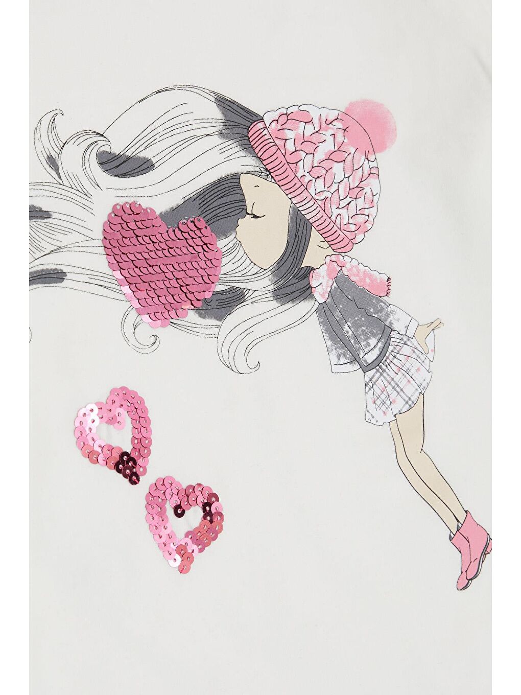 Kız Çocuk Uzun Kollu Tişört Pullu Kalp Baskılı Ekru (2-6 Yaş)-3