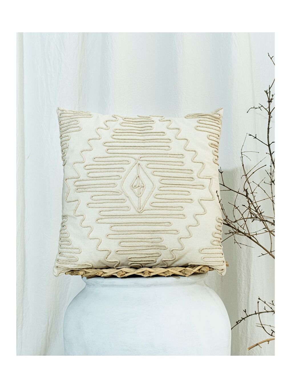 Kahverengi Bohem Tarzı Pamuklu Nakışlı 45x45 Kırlent Kılıfı-2