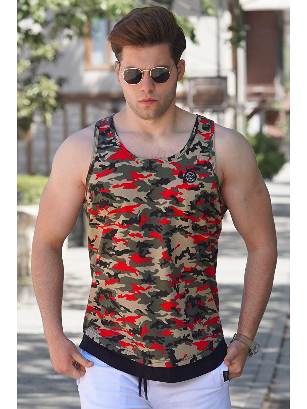 Haki Kırmızı Kamuflaj %100 Pamuk Kolsuz Tişört 4617