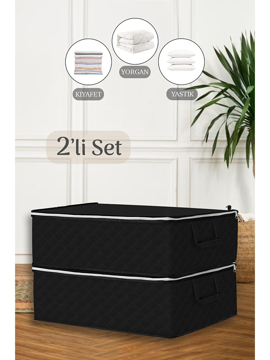 2'li Çekyat Baza Tipi Hurç - Baza Altı Büyük Boy Saklama Hurcu 64 x 45 x 22 cm Siyah