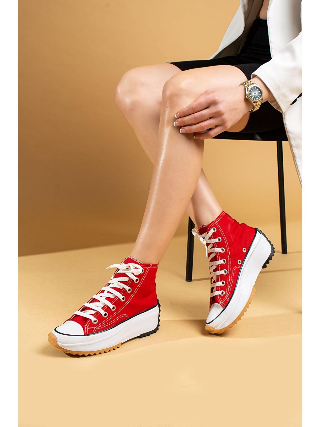 Kırmızı Bağcıklı Rahat Kalın Taban Bilekte Keten Kadın Sneakers 55-1000-23