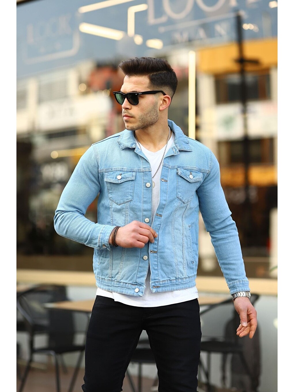 Erkek Trend Slim Fit Denim Jeans Buz Mavi Jean Ceket-1