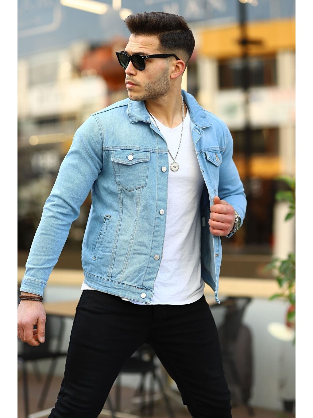 Erkek Trend Slim Fit Denim Jeans Buz Mavi Jean Ceket-2