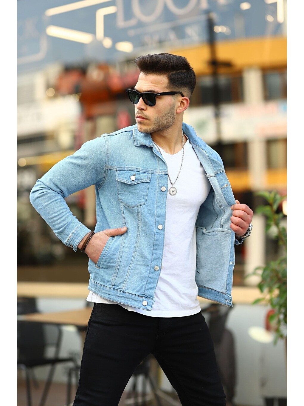 Erkek Trend Slim Fit Denim Jeans Buz Mavi Jean Ceket-3