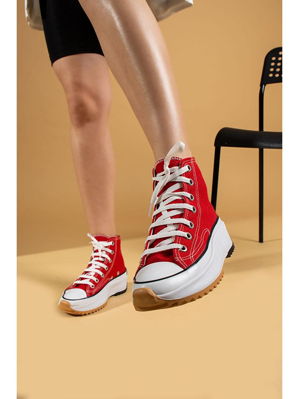 Kırmızı Bağcıklı Rahat Kalın Taban Bilekte Keten Kadın Sneakers 55-1000-23-1