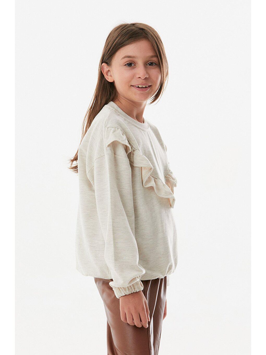 Bej Suni Deri Fırfırlı Kız Çocuk Takım-1