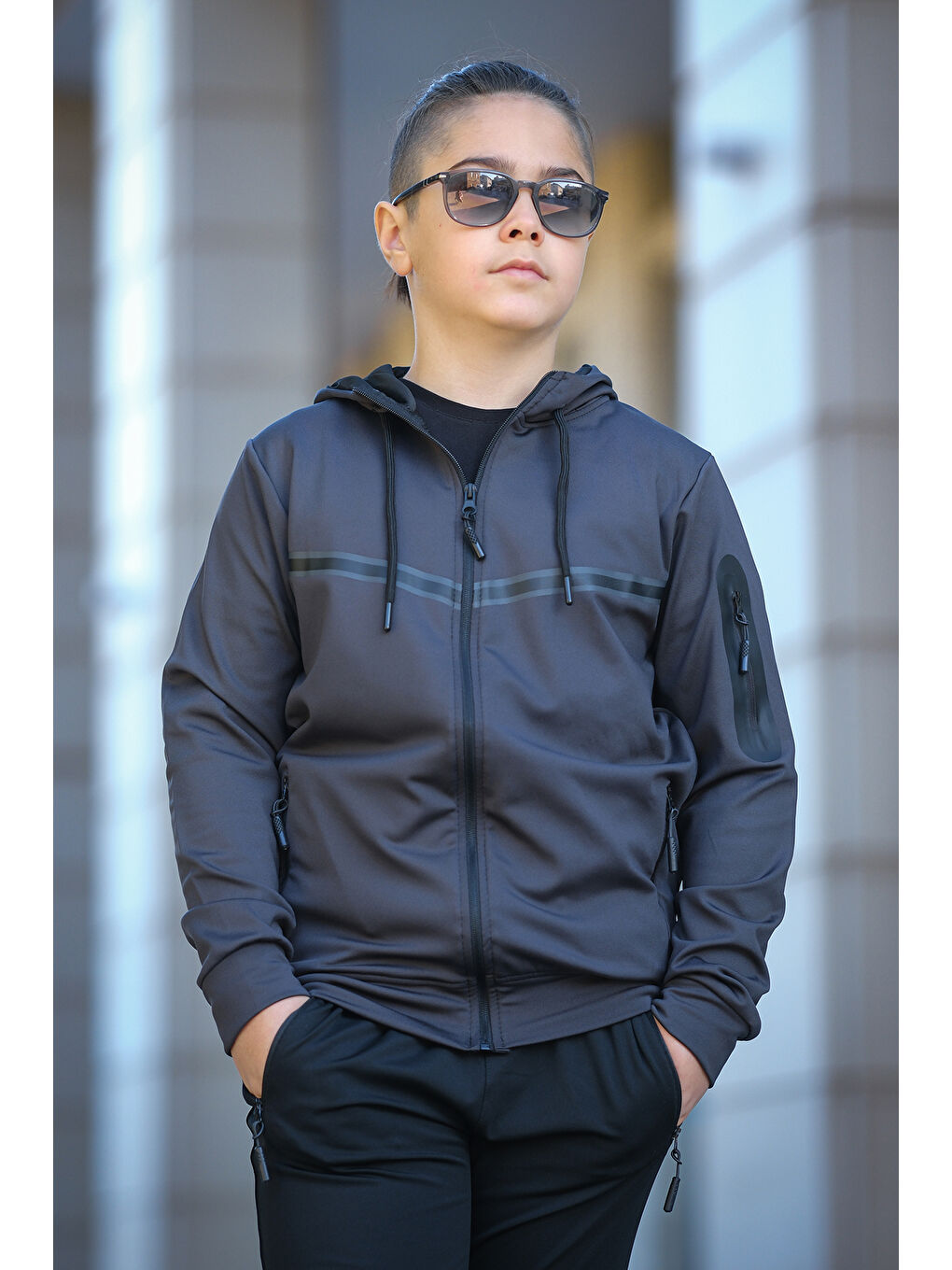 Gri Unısex Dalgıç Kumaş Kapüşonlu Eşofman Takımı ESF 600-3