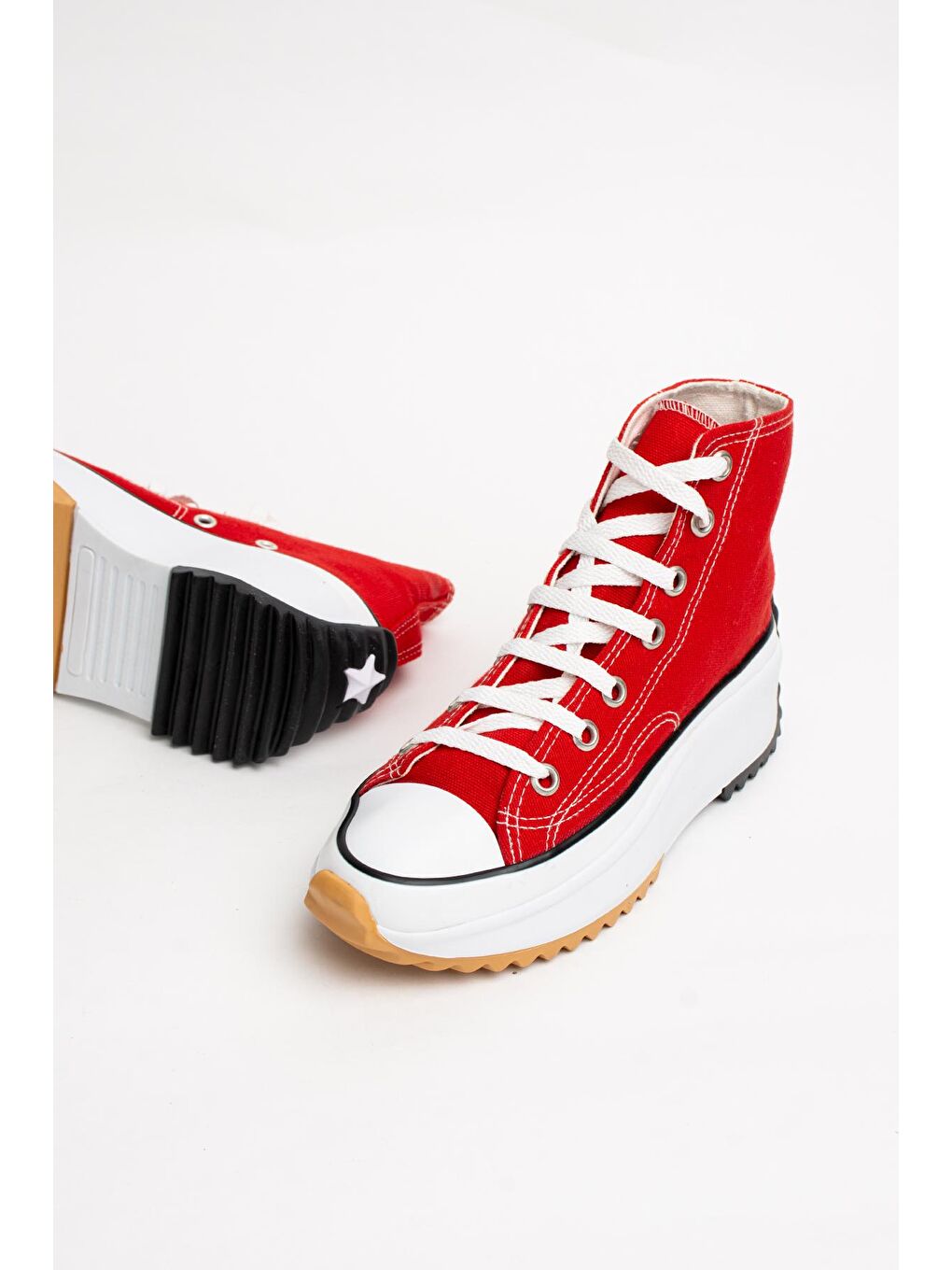 Kırmızı Bağcıklı Rahat Kalın Taban Bilekte Keten Kadın Sneakers 55-1000-23-4