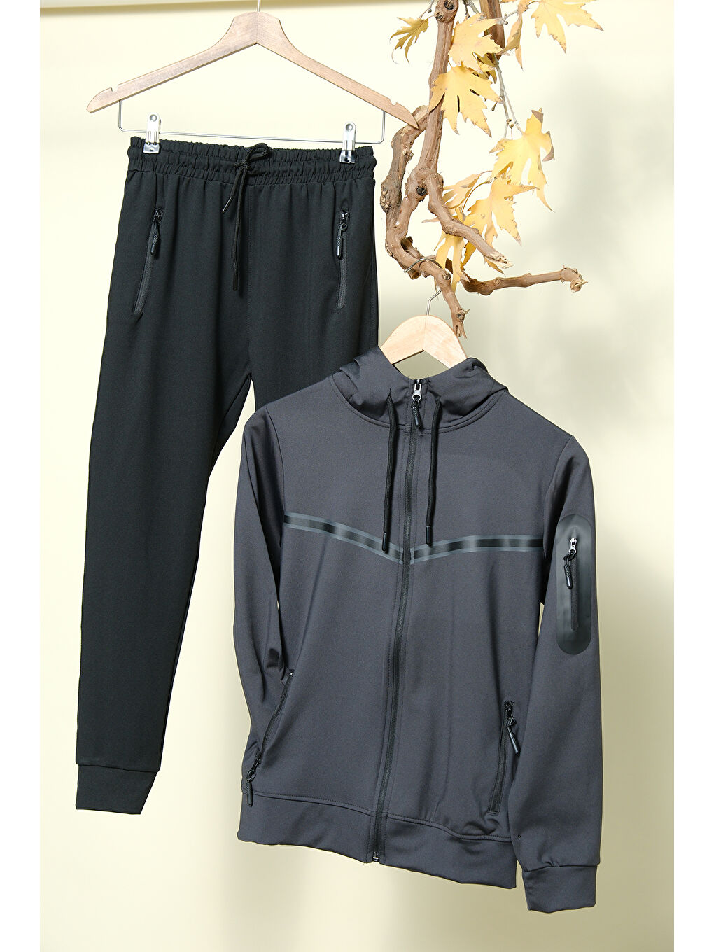 Gri Unısex Dalgıç Kumaş Kapüşonlu Eşofman Takımı ESF 600-5