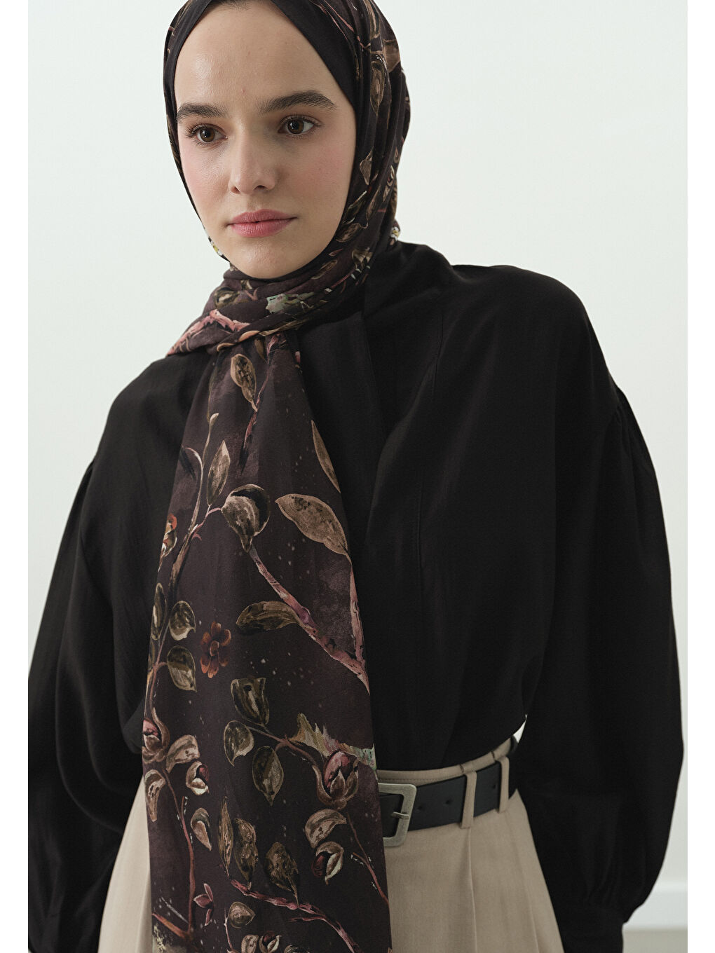 Kahverengi Kahve Flower Raın Desenli Pamuk Viskon Şal-3